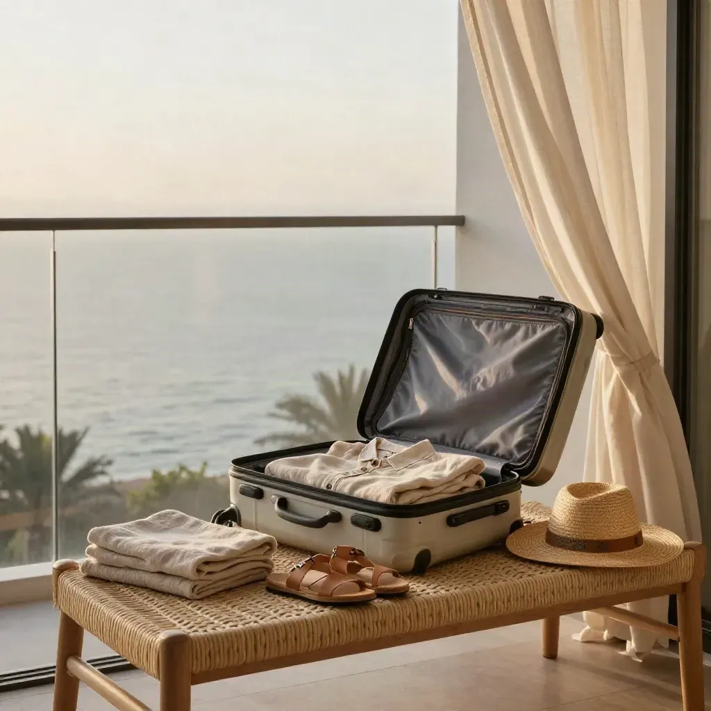 Offener Koffer mit Reisekleidung auf einem Balkon am Meer