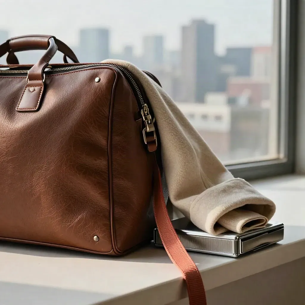 Gepackter Weekender, gefaltete Jacke und Ticketetui auf Fensterbank mit Stadtblick im Abendlicht