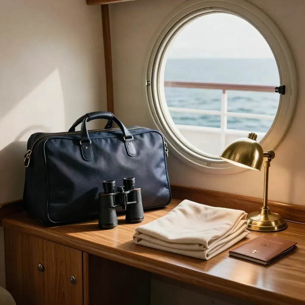 Kabineninterieur auf Kreuzfahrt mit Bullauge, Reisetasche und ordentlich gepackten Accessoires.