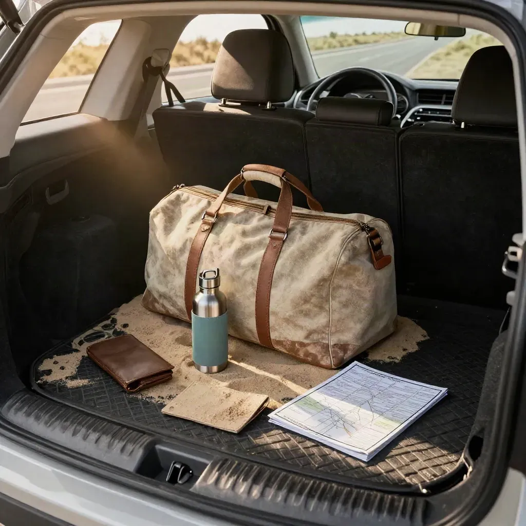 Offener Kofferraum mit Reisetaschen, Trinkflasche und Mietwagen für eine individuelle Rundreise.