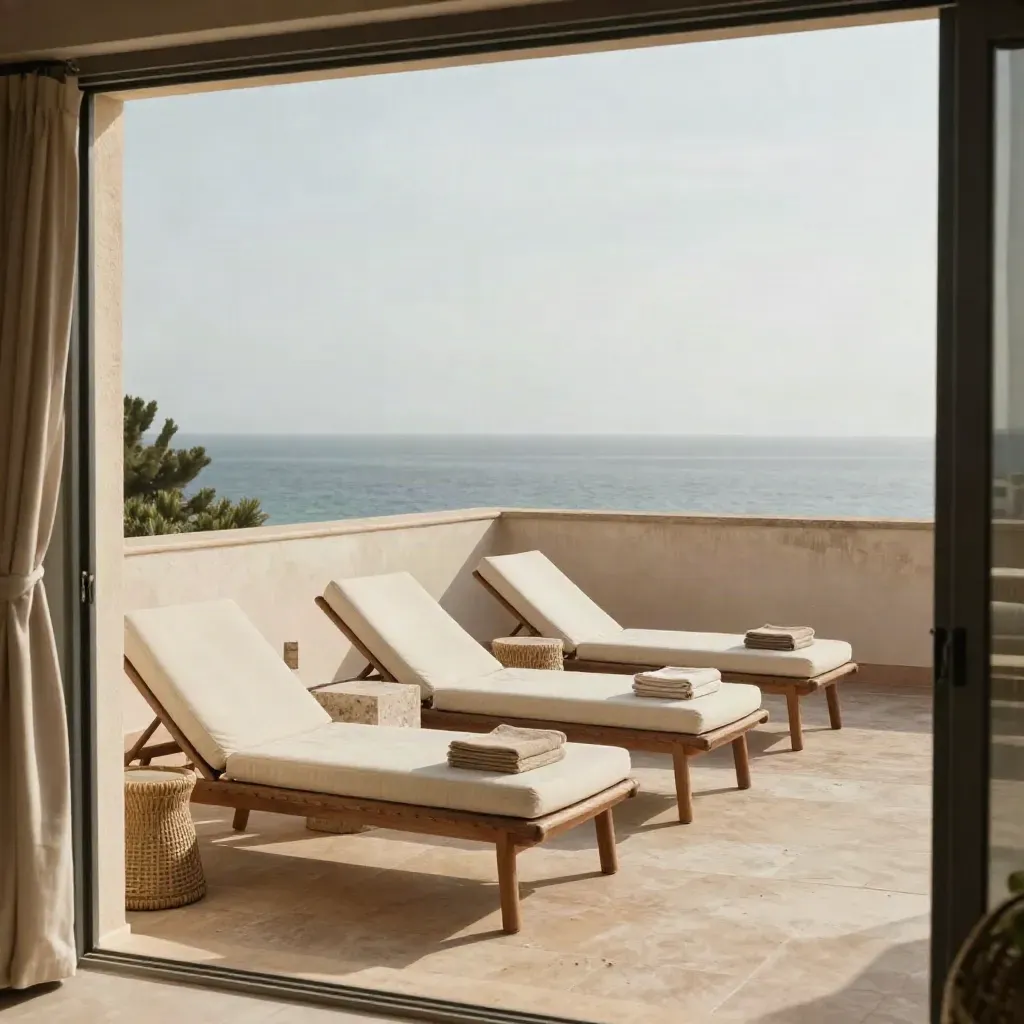 Mallorca-Terrasse mit vier Liegen, Sandtönen und Meerblick im Morgenlicht