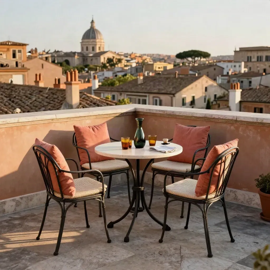 Rooftop-Terrasse in Rom mit vier Stühlen, zwei Tischen und glühender Altstadt im Abendlicht
