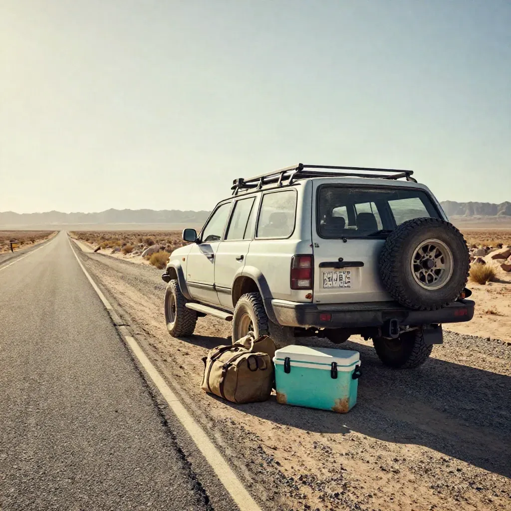 Geländewagen, zwei Taschen und Kühlbox am Straßenrand einer weiten US-Highway-Landschaft im Abendlicht.