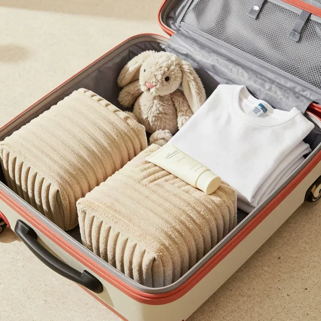 Makro von Packwürfeln, Stofftier, Sonnencreme und Reise-Organizer im offenen Koffer