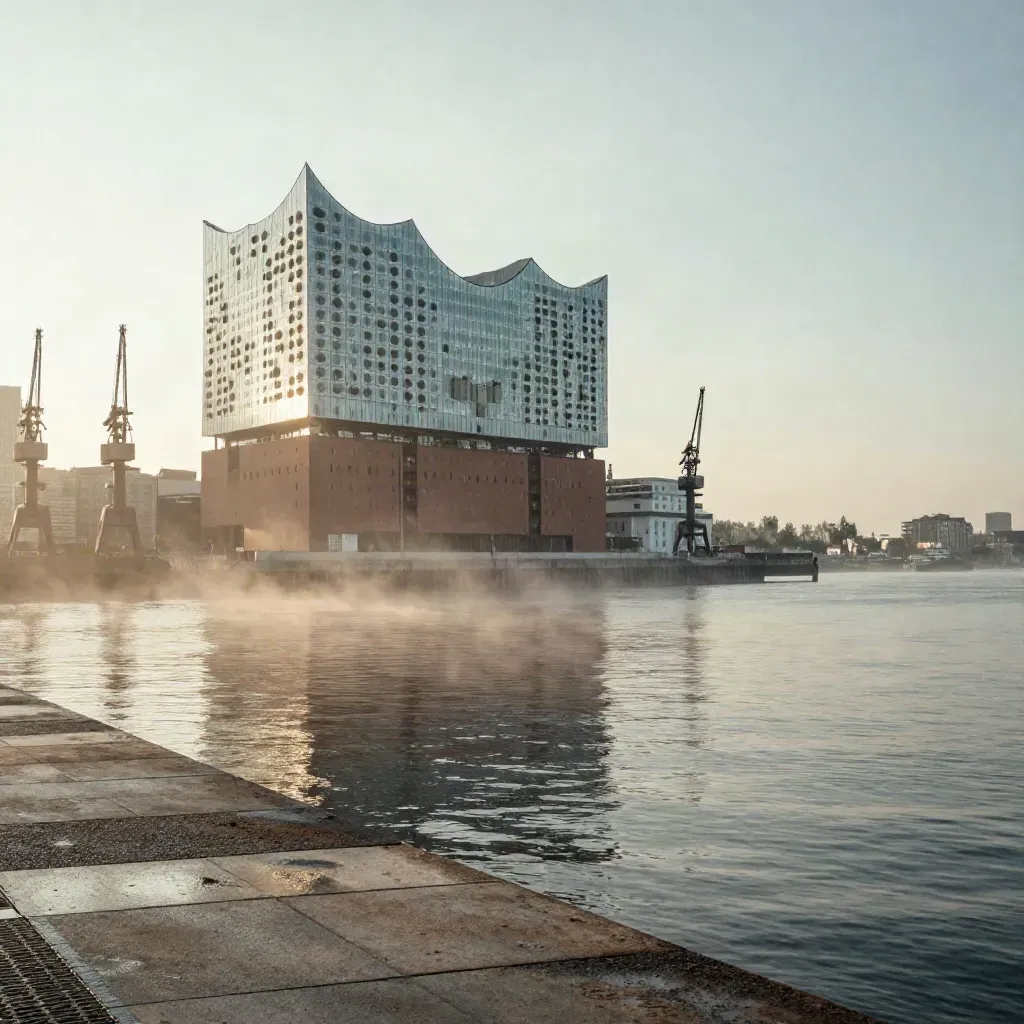 Elbphilharmonie und Hafenkräne im warmen Morgenlicht über ruhigem Wasser in Hamburg