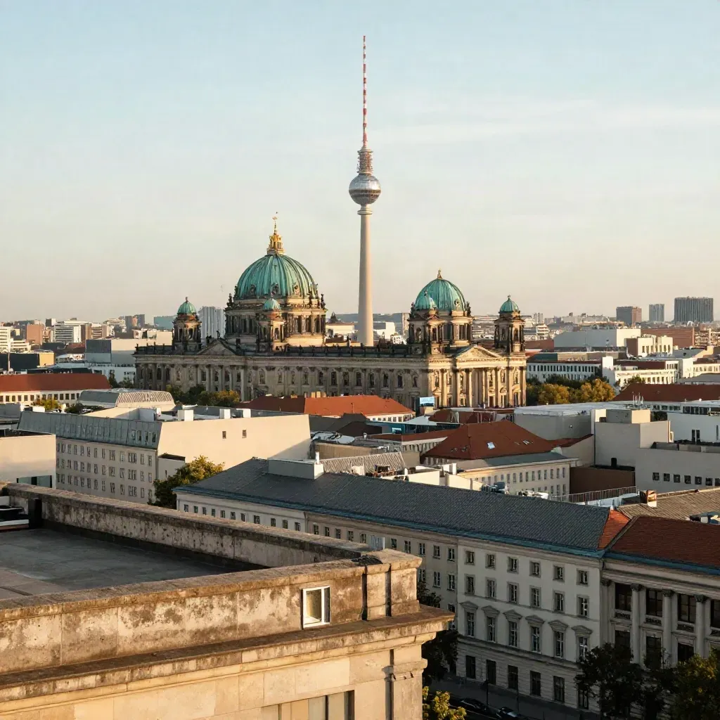 Blick über Berlin mit Fernsehturm, Museum Island und warmen Dächern im Abendlicht